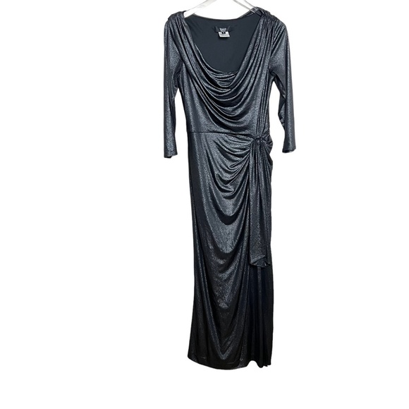 TADASHI SHOJI | Metallic Black Silver Faux Wrap Evening Gown Maxi Stretch - Picture 1 of 5